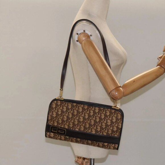 Christian Dior Trotter Canvas Shoulder Bag Brown Gold